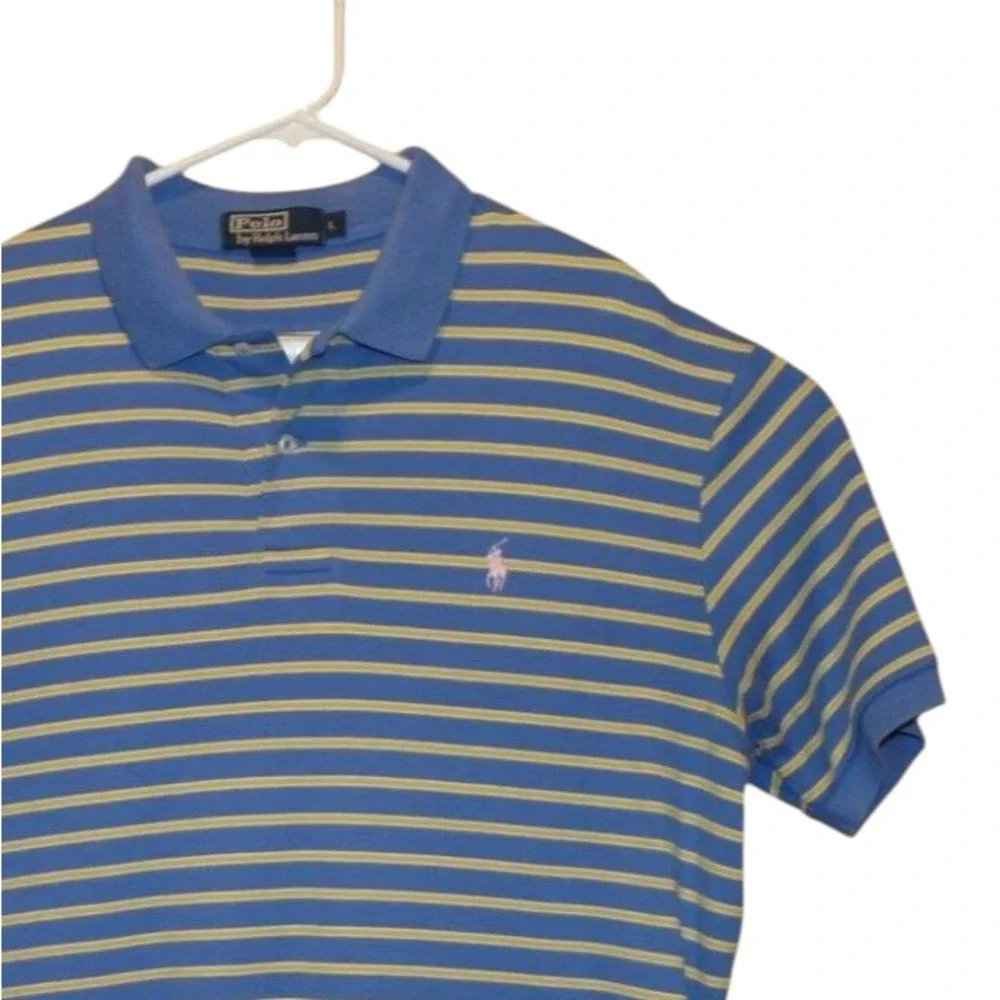 Polo Ralph Lauren Polo Shirt Mens Large Blue Yellow Striped Short Sleeve Pony